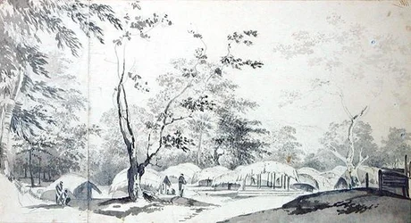 Ansicht eines Bergdorfes im Bezirk Baugelepoor (Bhagalpur) 1783
